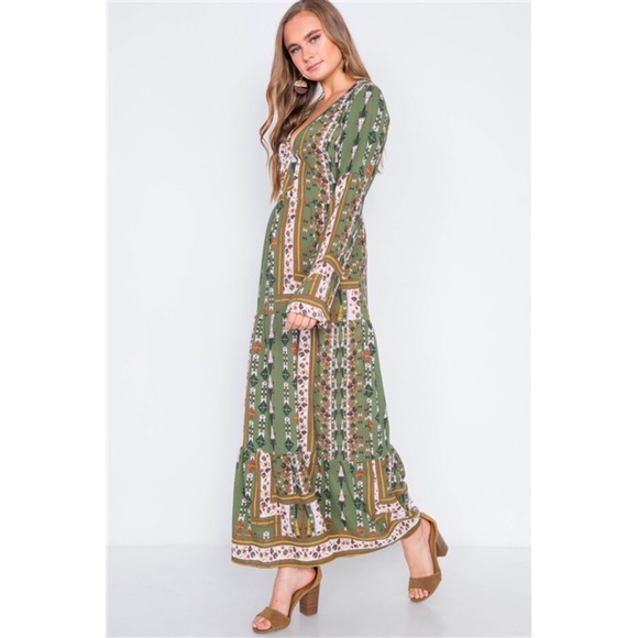 MULTI OLIVE V-NECK LONG SLEEVE MAXI BOHO DRESS - Picture 3 of 5